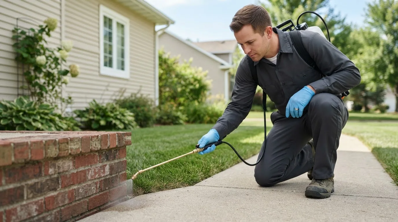 Pest control technician treating a home near Syracuse, IN