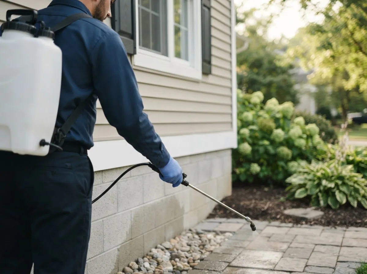 Pest control technician inspecting a home in Syracuse, IN